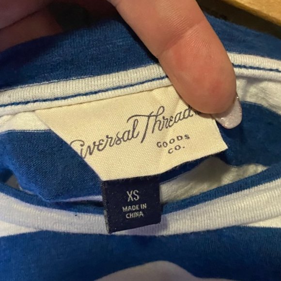 Universal Thread Cotton Blue White Stripe Short Sleeve Ruffle Tee Blouse - Picture 4 of 6